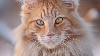 Close-up Portrait of a Fluffy Ginger Maine Coon Cat with Golden Eyes in Soft Natural Light