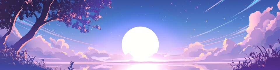 Obraz premium Enchanting Anime-Style Autumn Night: Dreamy Mid-Autumn Festival Moongazing Scene. Serene Rural Landscape with Full Moon for Children's Books and Creative Marketing. Idyllic Countryside Paradise in 4K 