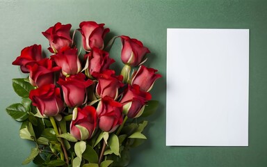 Fototapeta premium Wedding invitation card with Red Rose, Autumn Flowers & Berries on Green - Wedding, Anniversary, Top View ai generated
