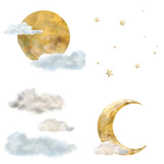 Full moon, fluffy clouds, moon, golden stars. A set of watercolor illustrations in digital style. Rain clouds and a mystical crescent moon are isolated on the background. Witch moon and pretty stars © Elena