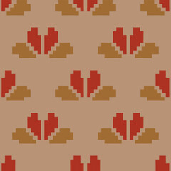 seamless Pixel art tribal pattern featuring geometric ethnic designs in traditional folk motif style, with vibrant red, lemon yellow colors, perfect for vintage-style textiles, fabrics, wallpapers