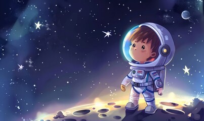 Cute cartoon astronaut floating and exploring space, illustration