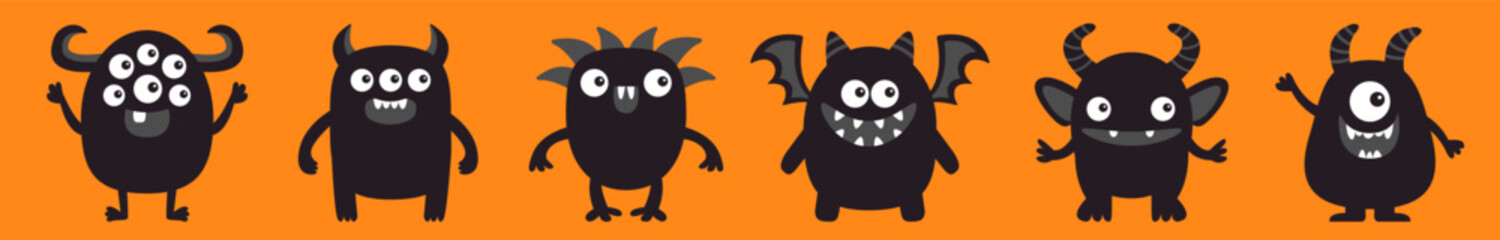 Monster icon set line. Happy Halloween. Cute cartoon kawaii funny baby character. Black silhouette. Horns, wings, fang teeth, eyes. Sticker print. Childish style. Flat design. Orange background Vector