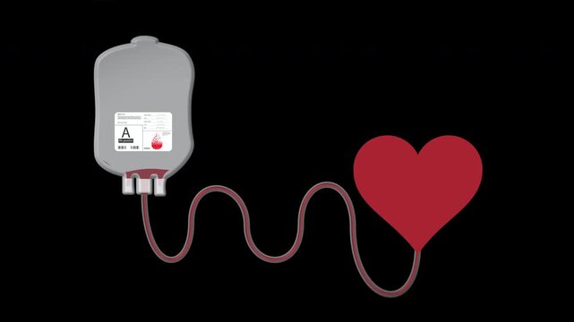 Donated blood from blood bag transport into heart symbol, concept help blood donations for operations, love for others, black background