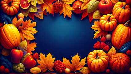 Vibrant autumn frame with pumpkins, leaves, and fruits on dark background with copy space