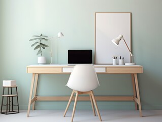 Minimalist Home Office Desk with Laptop, Chair, and Desk Lamp.