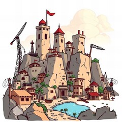 cartoon illustration of a castle on a mountain with a lake.