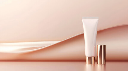 Elegant cosmetic cream tube with golden cap on a soft peach background. Perfect for skincare product advertisements and promotions.