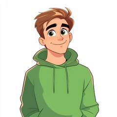 A cartoon character with brown wavy hair wearing a vibrant green hoodie, adding a fun touch to your design.