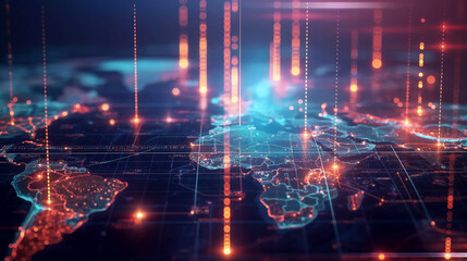 a global business financial network scene with interconnected nodes representing various digital transactions and financial institutions