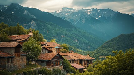 Fototapeta premium European landscape of mountains and an ancient village