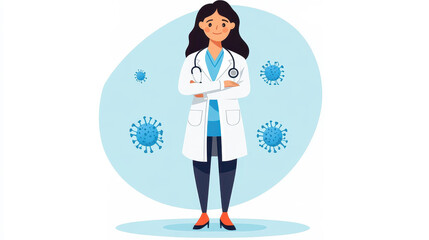 A nurse holds a vaccine, ready to fight against the virus. Flat, textured design captures the spirit of healthcare.