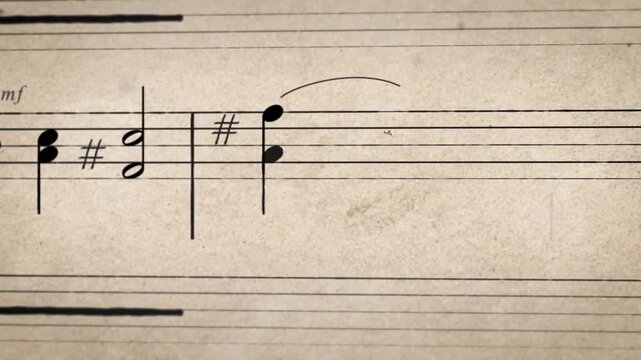 Single notes jump on lines of music paper sheet and create piece of music, concept of composing, background animation for music content