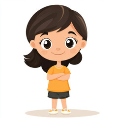 A cute cartoon character of a playful yearold girl, full of charm and joy, against a clean white backdrop.