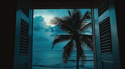 Fototapeta premium View of a palm tree through a window. dark and melancholic atmosphere