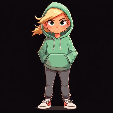 recommend clip art: Fun cartoonstyle NFT of a blonde girl in a hoody, with a fullbody pose against a dark, solid background.