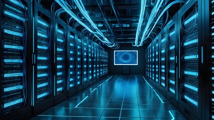 A large room with blue wires and a large screen