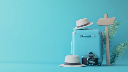 Obraz premium A pastel blue background features a blue suitcase, a hat, and a camera with a signpost, illustrating a travel theme in 3D. 
