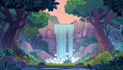 Naklejka premium Enchanting dreamscape vibrant waterfall paradise. Waterfall in mystic forest. Nature tropical paradise. Cartoon game illustration background.