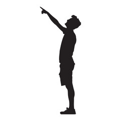 Simple male side view silhouette points with his fingers, black vector illustration on white background