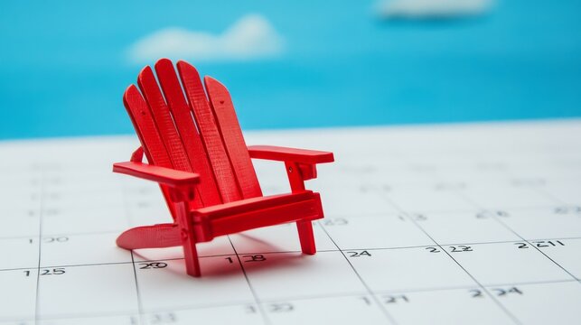A red beach chair on a white calendar symbolizes vacation time. It's a period for relaxation, where employees are granted paid time off (PTO) by their employer.