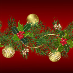 Colored pattern from New Year's branches.Christmas tree branches and red berries with New Year's decor on a colored background.