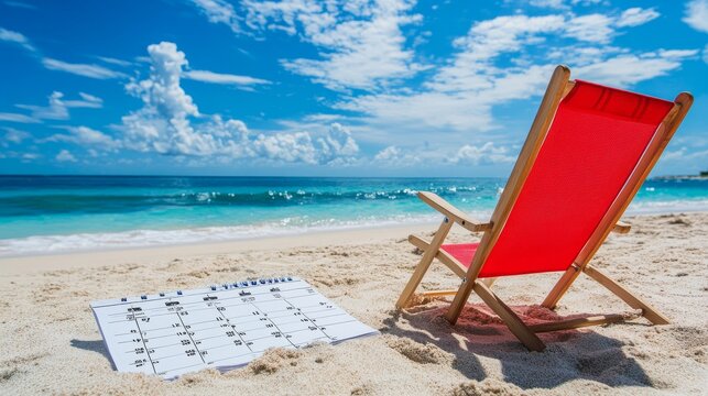 A red beach chair on a white calendar symbolizes vacation time. It's a period for relaxation, where employees are granted paid time off (PTO) by their employer.