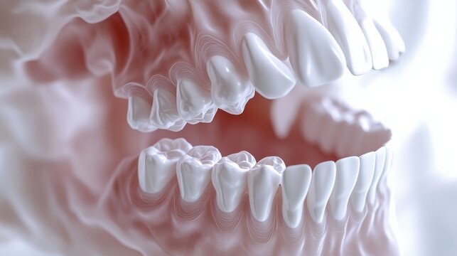 A detailed model displays the anatomy of impacted wisdom teeth during a dental examination in a bright clinical environment