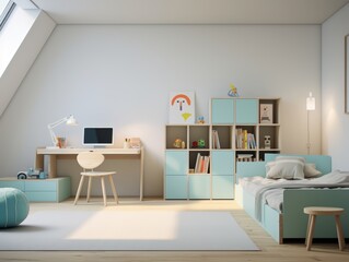 Modern and bright kid's room with a desk, bed, storage shelves, and a large white rug.
