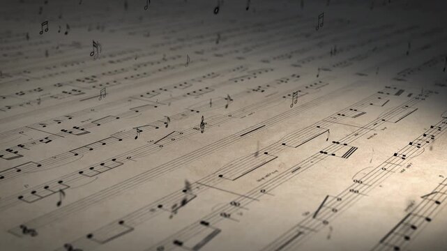 Single notes of piece of music rise up from an old vintage music paper, digital animation for musical content, background