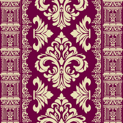 Vibrant Ornate Damask Floral Pattern in creamy and purple background ,Classic Damask Seamless Pattern - Vector Illustration for Elegant Textile Design