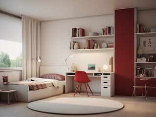 Modern bedroom interior with a white bed, red chair and desk, and a bookshelf with books and decor.