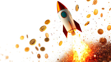 Rocket flying up, coins falling out of the rocket illustration on white background