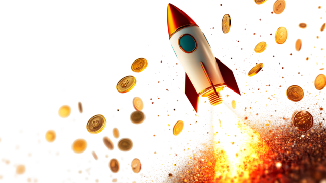 Rocket flying up, coins falling out of the rocket illustration on white background