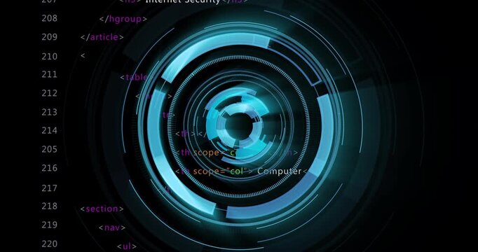 Rotating blue circular interface displaying animated HTML code