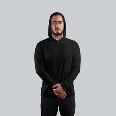 Вlack longsleeve sun protection mockup on brutal bearded man in black jeans, front view, summer clothes, for design, pattern, branding.