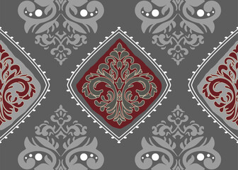 Damask seamless design combines classic and contemporary elements, making it perfect for wallpaper, textiles, and digital projects. The grey background adds a sophisticated touch, while the red detail