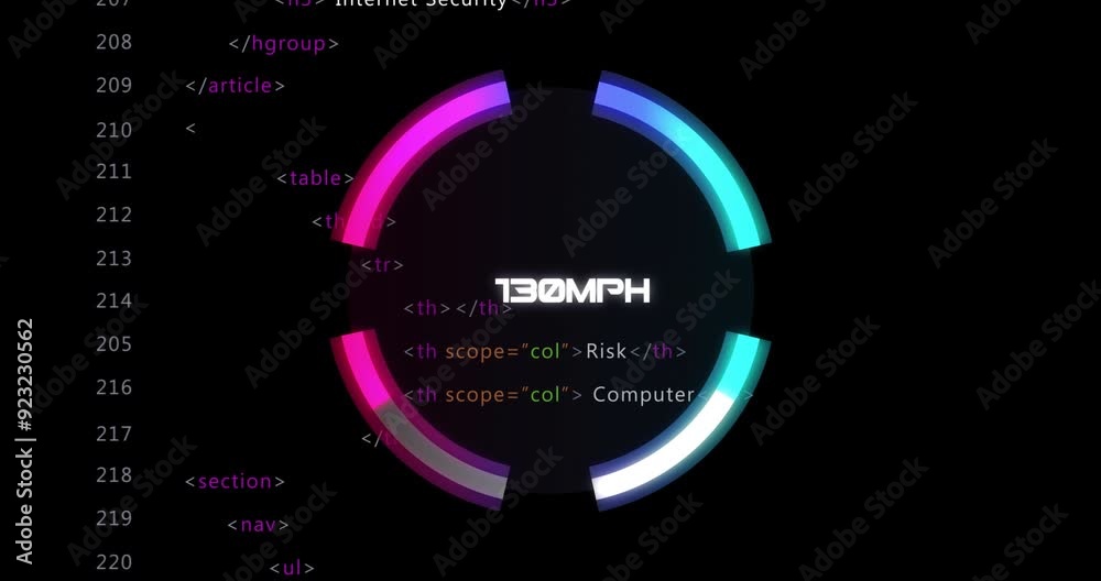 Poster circular progress bar animation over html code with 1g0mph text in center