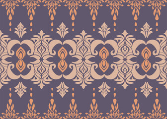 Experience the elegance of this ornate damask floral pattern, featuring vibrant abstract orange and cream flowers on purple background. Seamless Pattern