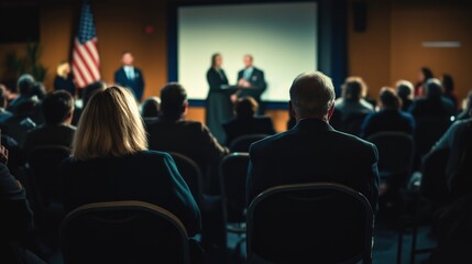 Community members actively participating in a town hall meeting focused on local candidates and issues, fostering dialogue and civic engagement