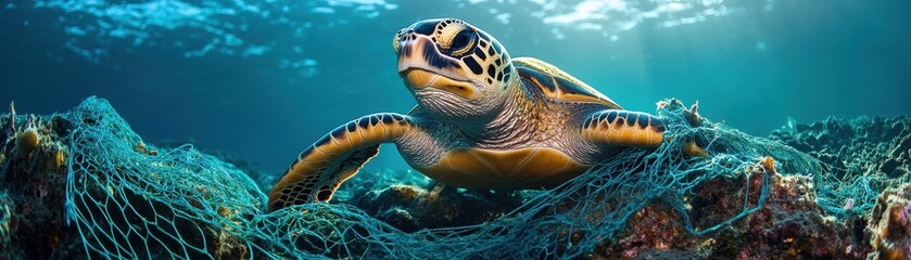 Fototapeta premium A vibrant underwater scene featuring a turtle navigating through coral and marine debris, showcasing ocean life and conservation issues.