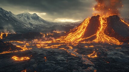 Lava flows rapidly from the erupting volcano, illuminating the dark landscape with fiery reds and...