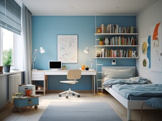 Modern bedroom with a blue wall, a bed, a desk, a chair, and a bookshelf.