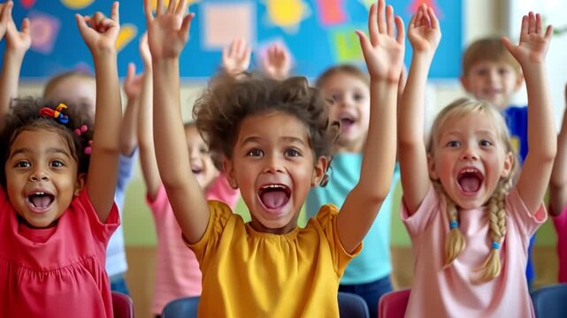 Young children making the vowel sounds audibly. Several elementary school students seated in the classroom