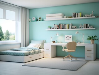 Modern bedroom with a desk and a bed, featuring a white desk, a light blue bed, a light blue wall with white shelves and a white rug.