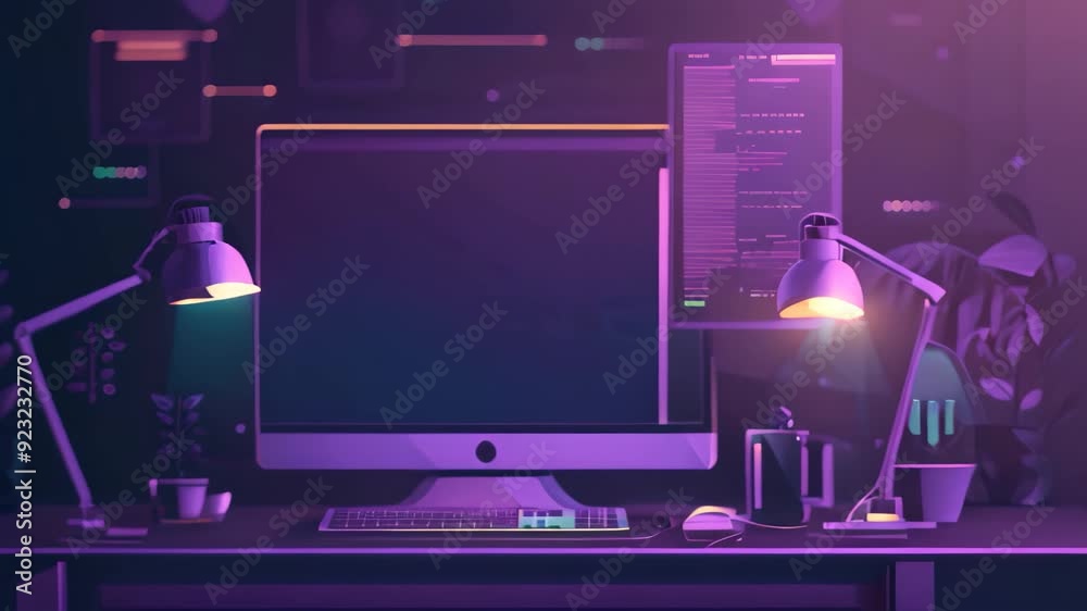 Poster A computer monitor placed on top of a desk, Web development. programming languages