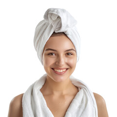 Smiling beautiful young woman in white towel after bath isolate on transparency background