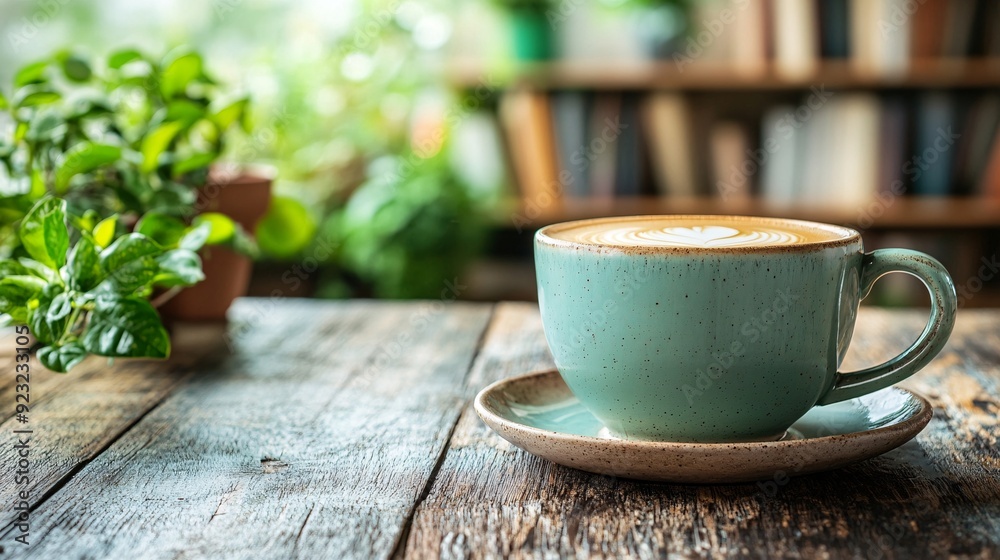 Poster a peaceful moment in a warmly lit cafe where a cup of coffee rests on a rustic table muted earth ton