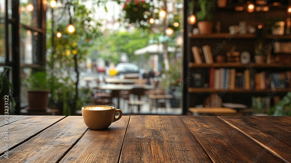 Poster a rustic cafe interior with soft lighting that highlights a cup of coffee on a weathered wooden tabl