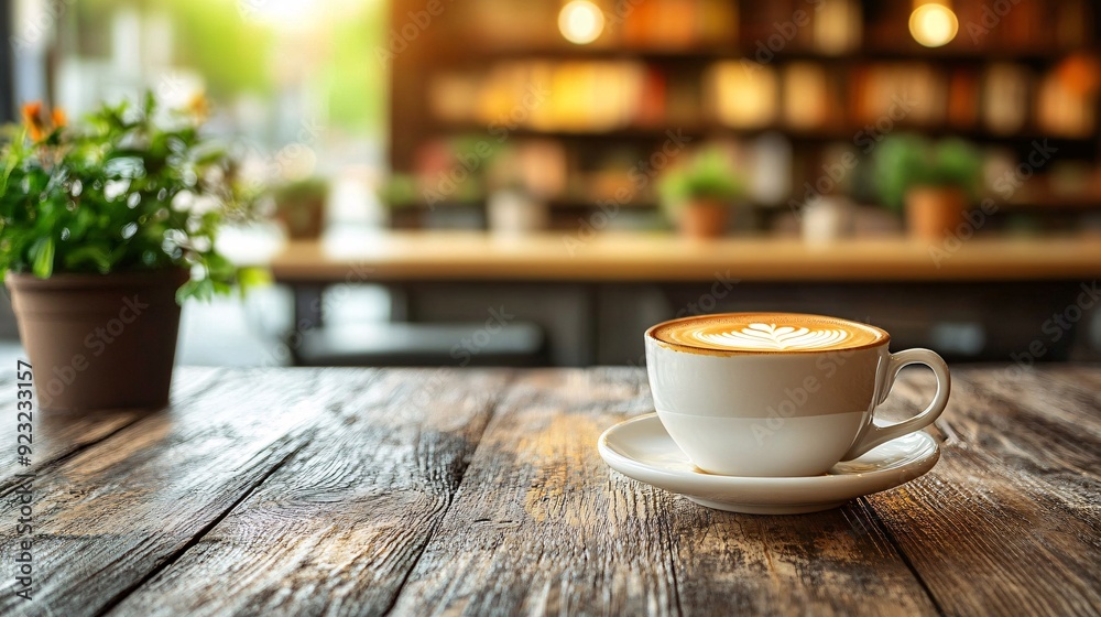 Poster a rustic cafe interior with soft lighting that highlights a cup of coffee on a weathered wooden tabl